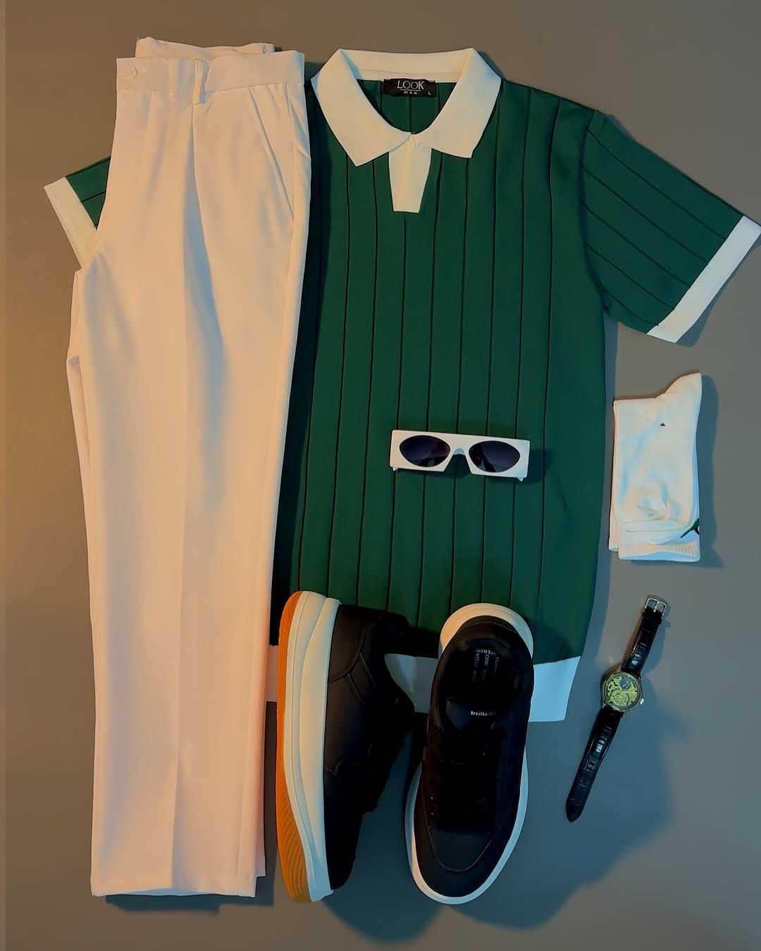 Perfect Combo: T Shirt, Pants & Sneakers& Watch "التركيبة المثالية: قميص، بنطال وأحذية رياضية!" – White & Green Combo